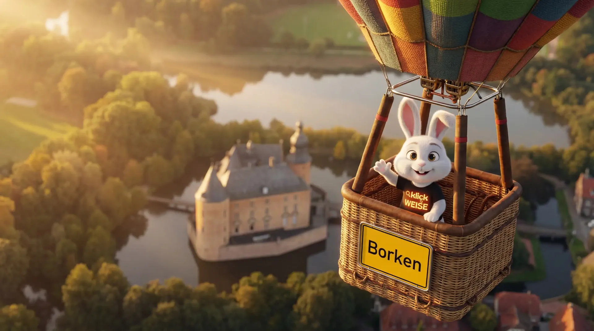 Klickweise Maskottchen im Heißluftballon über Borken – Online-Marketing im Kreis Borken